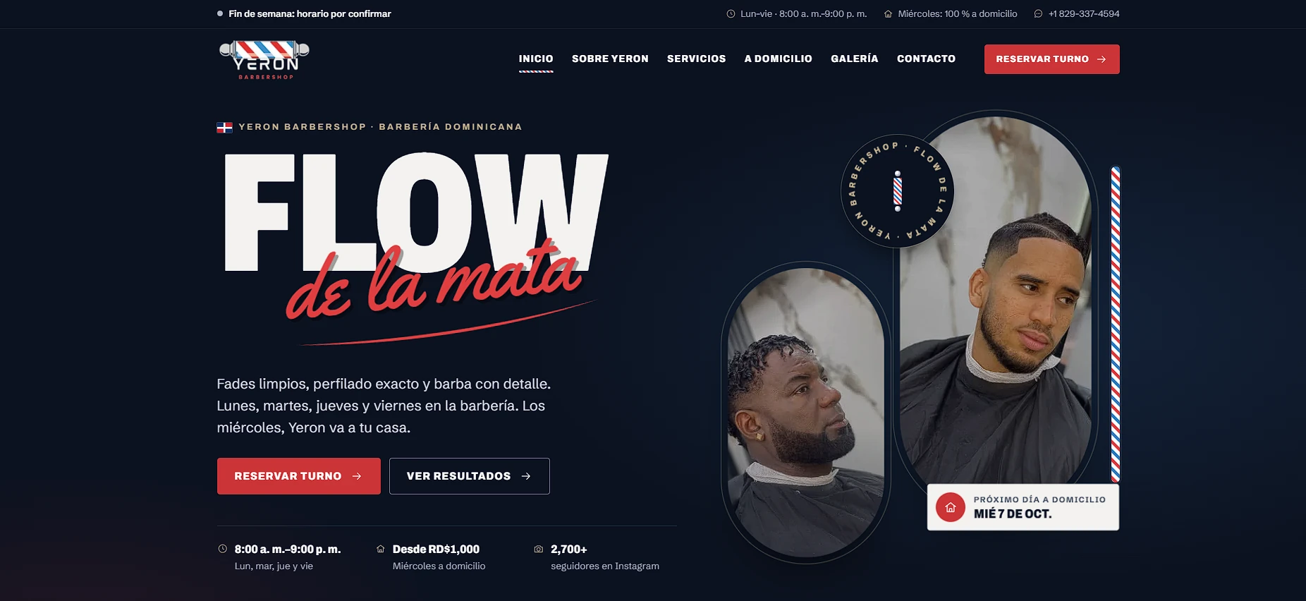 Portada de la web de Yeron Barbershop con el lema «Flow de la mata»
